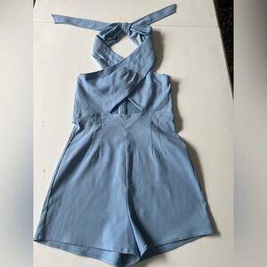 AKIRA blue romper with cutout stomach, crisscross straps, open back, sky blue M